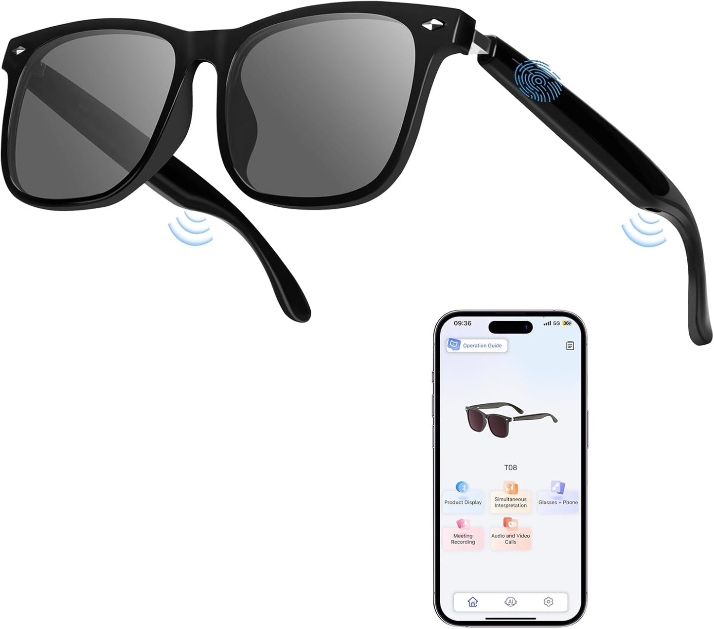 Intelligente Brille, Luckits AI-Bluetooth-Brille mit Lautsprecher, 115 Sprachen, KI-Übersetzer, Akzente, Echtzeit-Übersetzung, UV-Schutz, polarisierte Linse, Sonnenbrille, Brille für Männer und Frauen