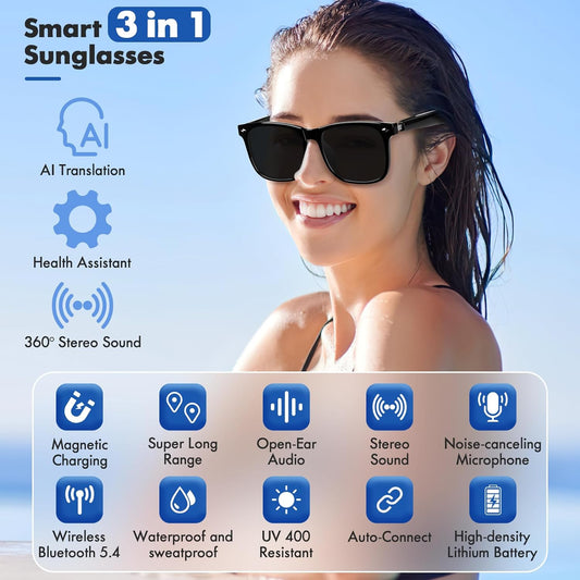 Intelligente Brille, Luckits AI-Bluetooth-Brille mit Lautsprecher, 115 Sprachen, KI-Übersetzer, Akzente, Echtzeit-Übersetzung, UV-Schutz, polarisierte Linse, Sonnenbrille, Brille für Männer und Frauen
