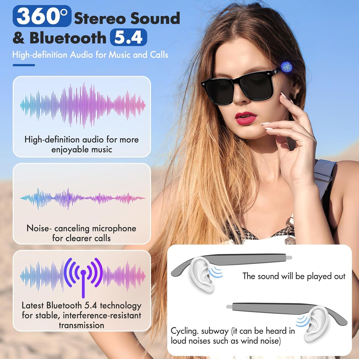 Intelligente Brille, Luckits AI-Bluetooth-Brille mit Lautsprecher, 115 Sprachen, KI-Übersetzer, Akzente, Echtzeit-Übersetzung, UV-Schutz, polarisierte Linse, Sonnenbrille, Brille für Männer und Frauen