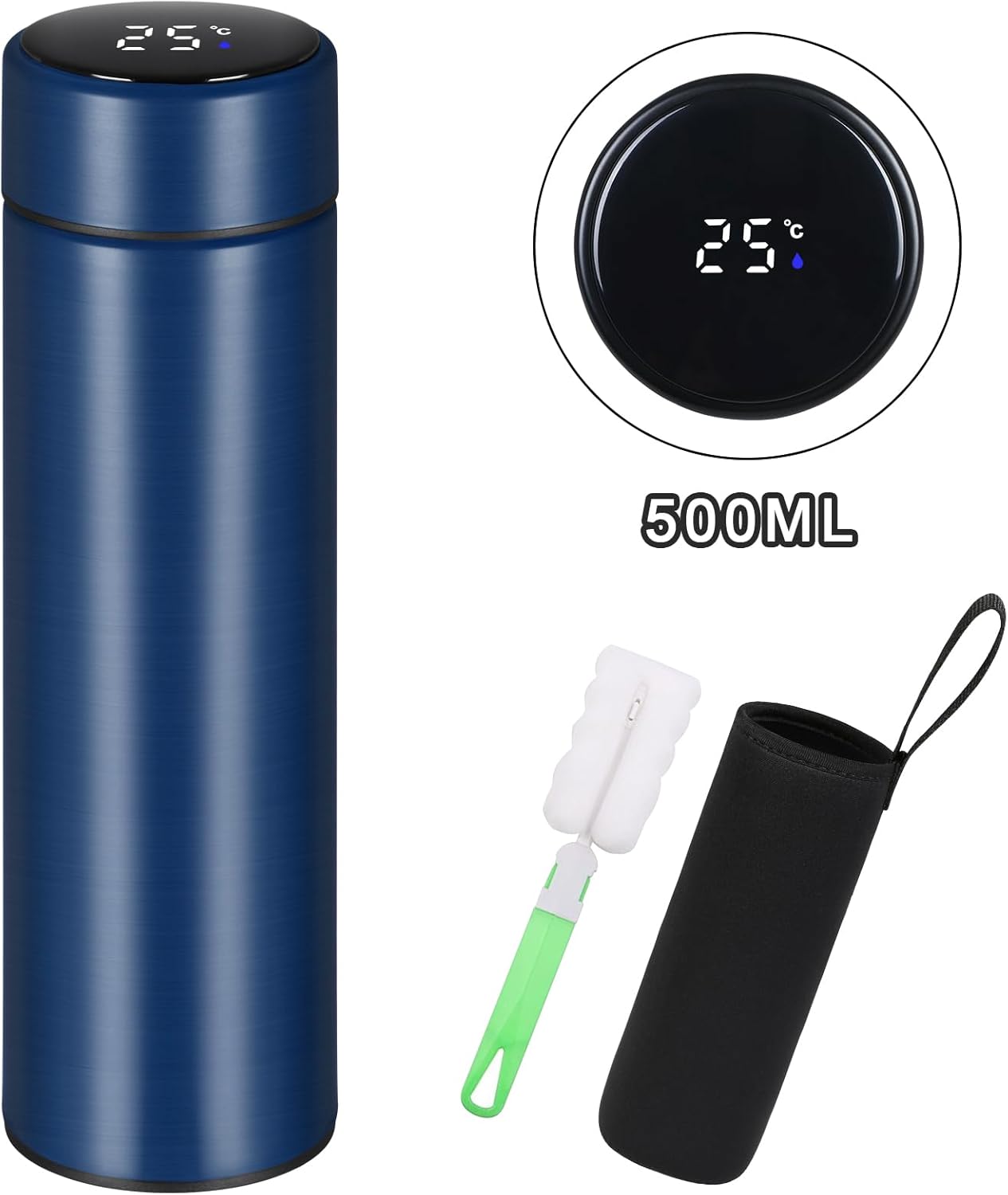 Flintronic Thermosflasche, Wasserflasche Vakuum Isolierbecher 304 Edelstahl, LCD-Touchscreen-Temperaturanzeige, Smart Becher Dichtflasche Ideal für Hitze und Kälte, 500ml