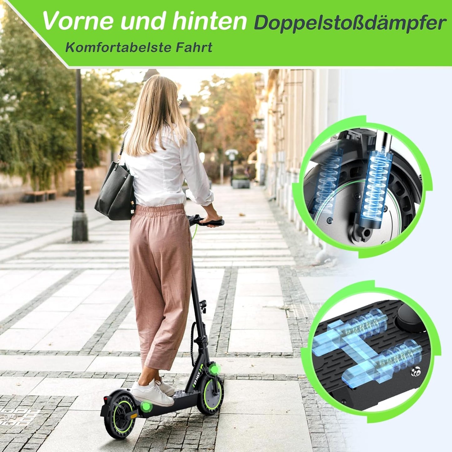 E Scooter mit Straßenzulassung, 10/8,5 Zoll MAX 60/40/30 Reichweite E Roller, Faltbarer Elektroscooter bis 120KG mit Duale Aufhängung, USB-Port und APP, Elektroroller Erwachsene für Pendeln