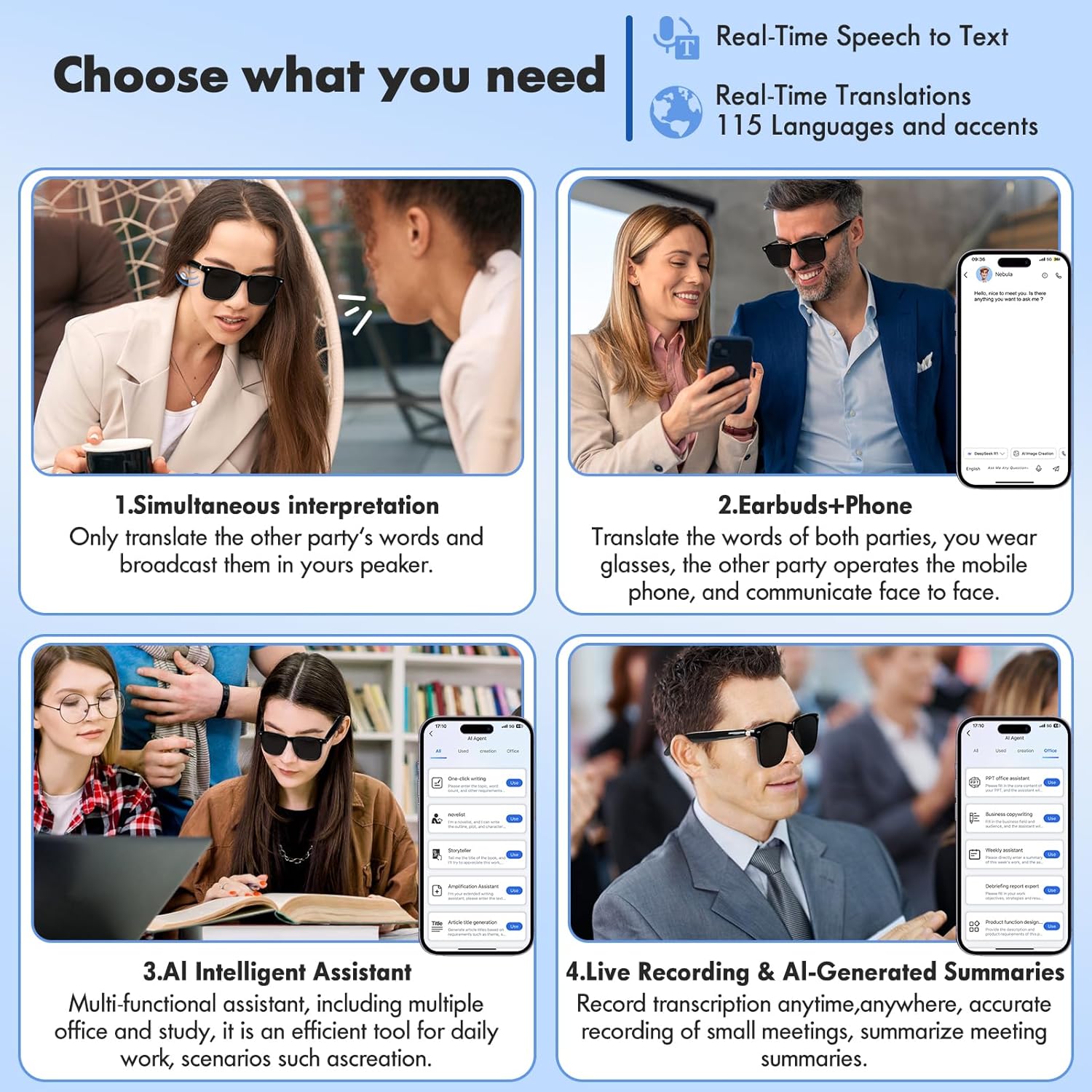 Intelligente Brille, Luckits AI-Bluetooth-Brille mit Lautsprecher, 115 Sprachen, KI-Übersetzer, Akzente, Echtzeit-Übersetzung, UV-Schutz, polarisierte Linse, Sonnenbrille, Brille für Männer und Frauen